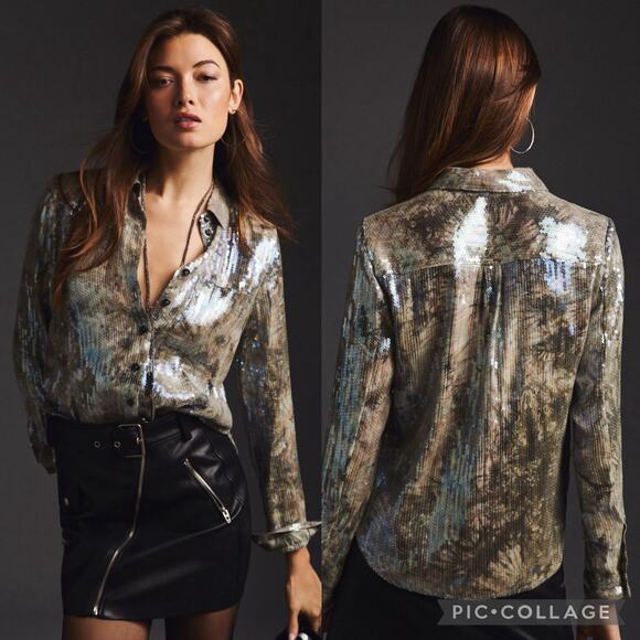 Anthropologie Tops - Anthropologie Pilcro Boho Tie Dye Sequin Long Sleeve Button Front Blouse S